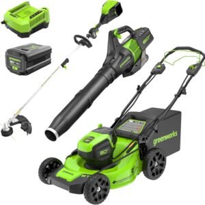 Greenworks 80V 21" Self-Propelled Cordless Lawn Mower + 580CFM Blower + 16" String Trimmer – 4.0Ah Battery & 60-Min Rapid Charger (75+ Compatible Tools)