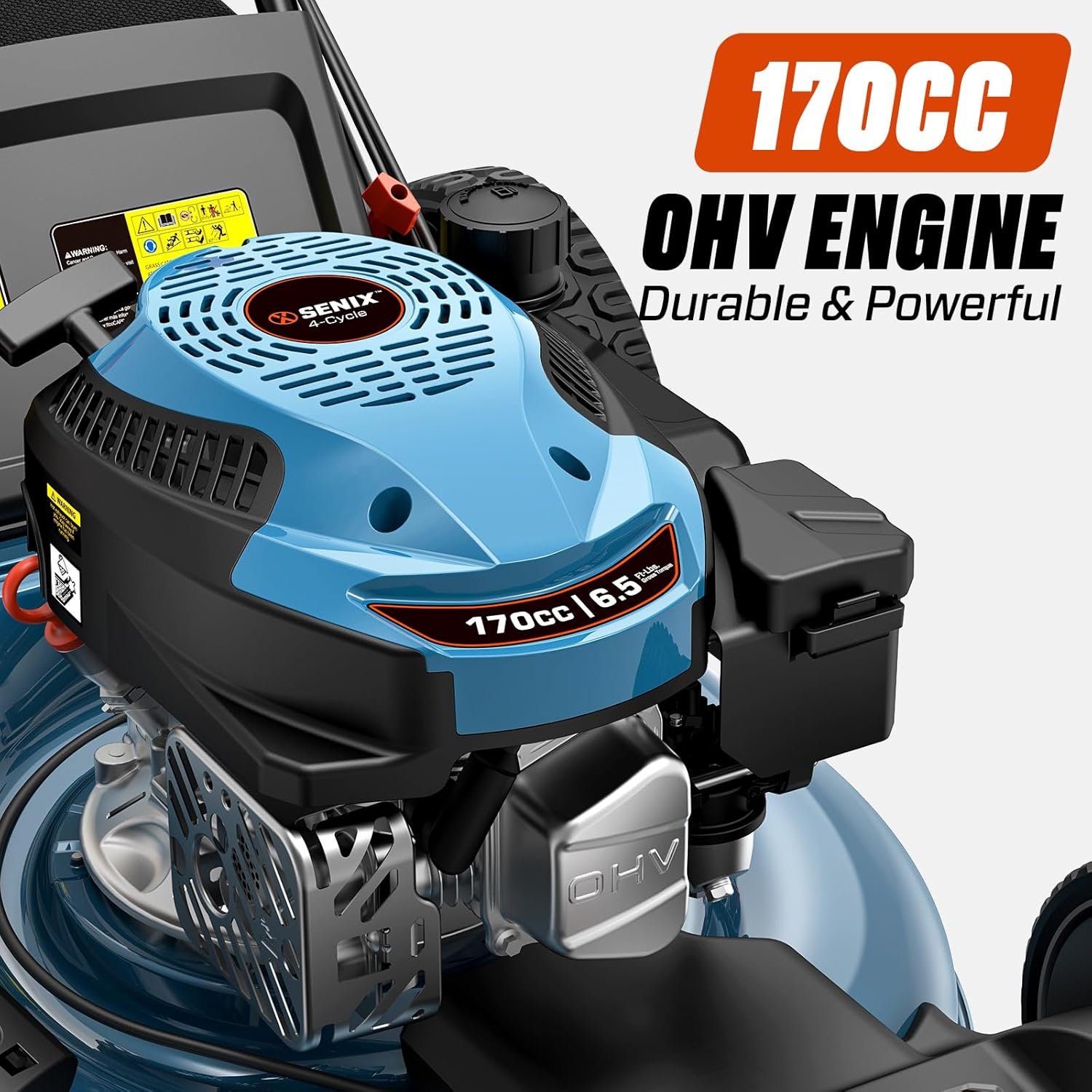 SENIX 21'' Self-Propelled Gas Lawn Mower, 170 cc 4-Cycle Engine 3.8 HP, 3-in-1 (Bagging/Mulching/Side Discharge), 6-Position Cutting Height Adjustment, 1.7 Bushels Grass Bag - Image 5