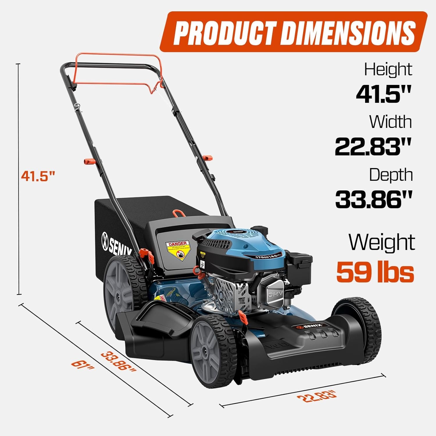 SENIX 21'' Self-Propelled Gas Lawn Mower, 170 cc 4-Cycle Engine 3.8 HP, 3-in-1 (Bagging/Mulching/Side Discharge), 6-Position Cutting Height Adjustment, 1.7 Bushels Grass Bag - Image 7