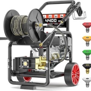 4400PSI Gas Pressure Washer with Hose Reel, One-Button Start 296cc 15HP 4-Cycle Engine, 4.0 GPM Heavy Duty Power Washer with 50FT 3/8" Hose, Spray Gun & Wand, 5 Quick Connect Nozzles
