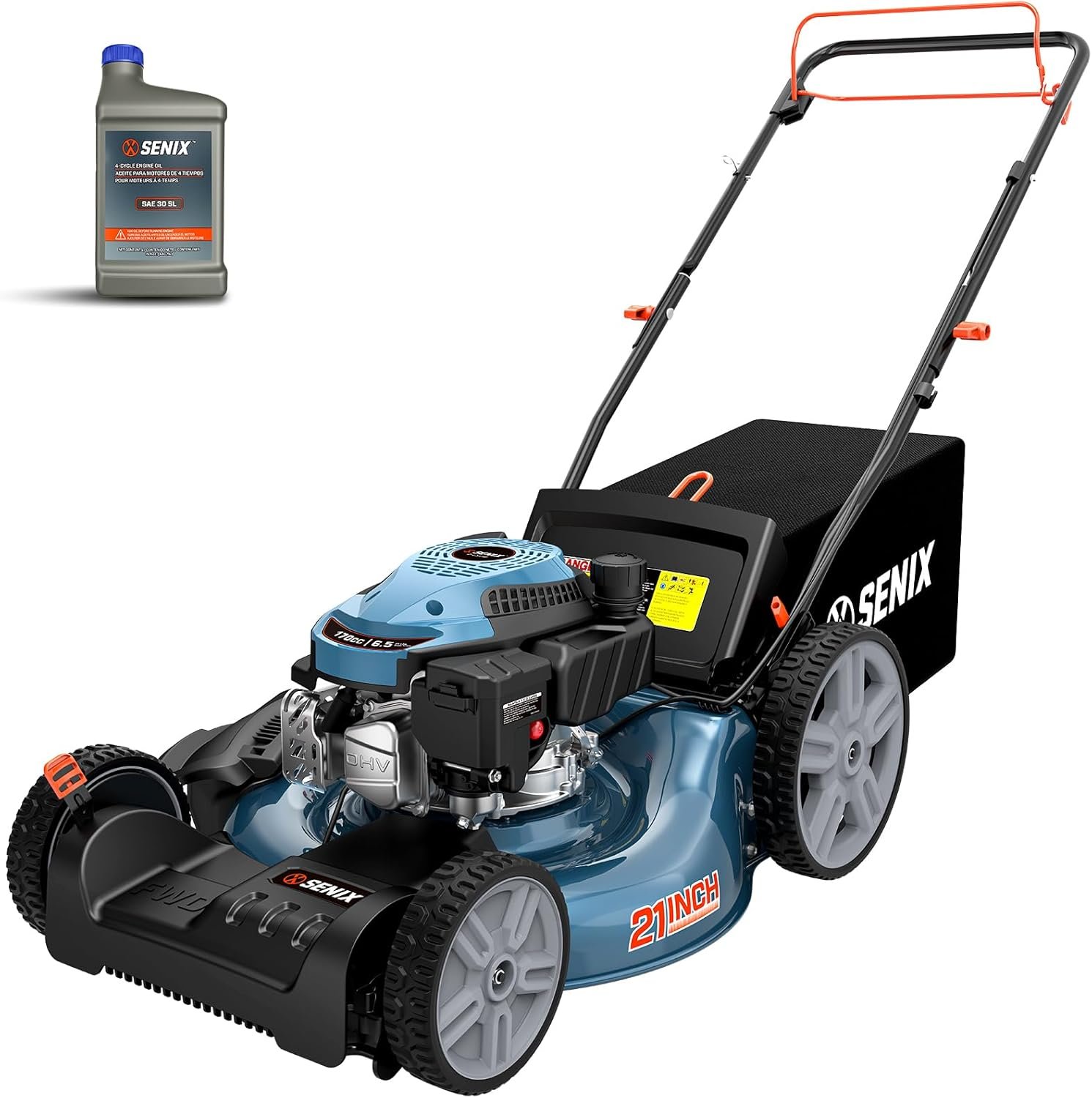 SENIX 21'' Self-Propelled Gas Lawn Mower, 170 cc 4-Cycle Engine 3.8 HP, 3-in-1 (Bagging/Mulching/Side Discharge), 6-Position Cutting Height Adjustment, 1.7 Bushels Grass Bag