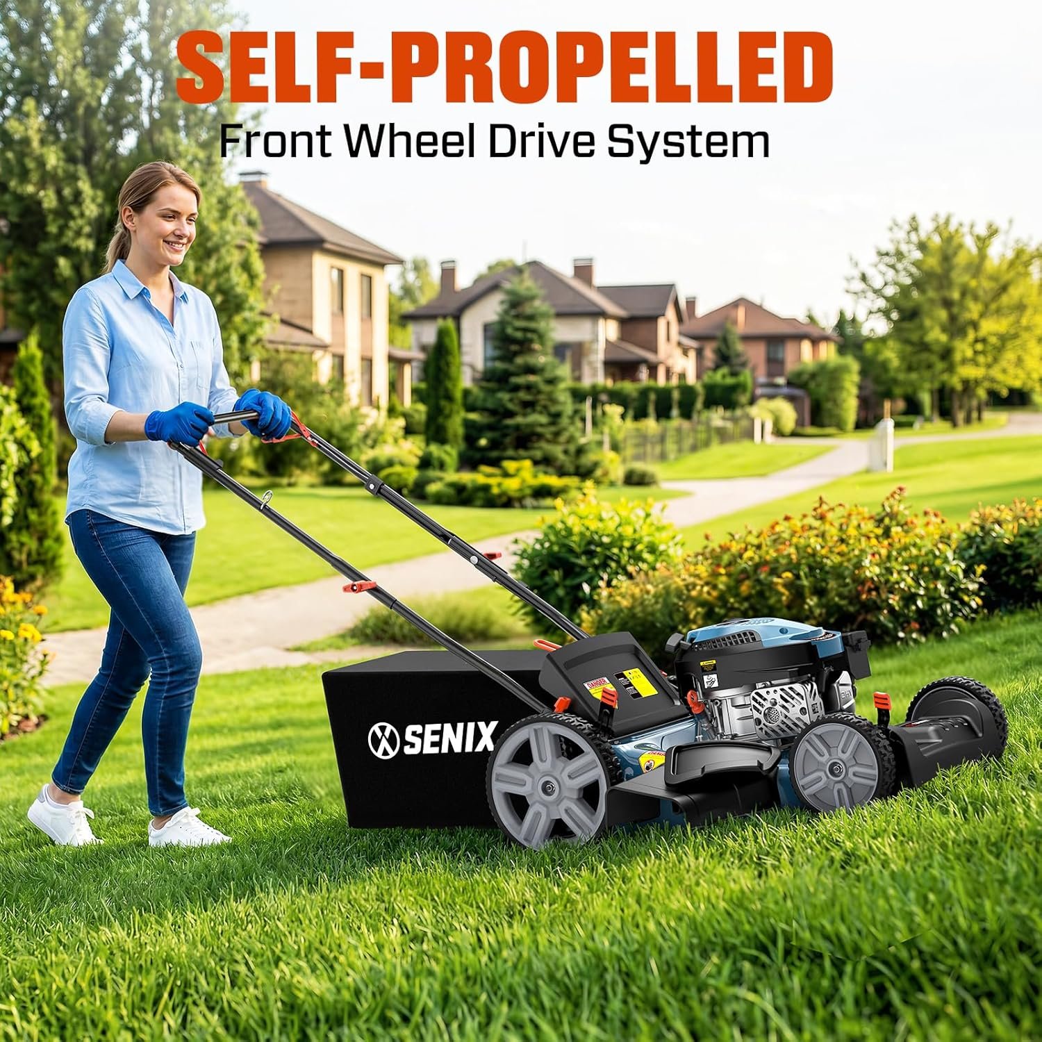 SENIX 21'' Self-Propelled Gas Lawn Mower, 170 cc 4-Cycle Engine 3.8 HP, 3-in-1 (Bagging/Mulching/Side Discharge), 6-Position Cutting Height Adjustment, 1.7 Bushels Grass Bag - Image 6