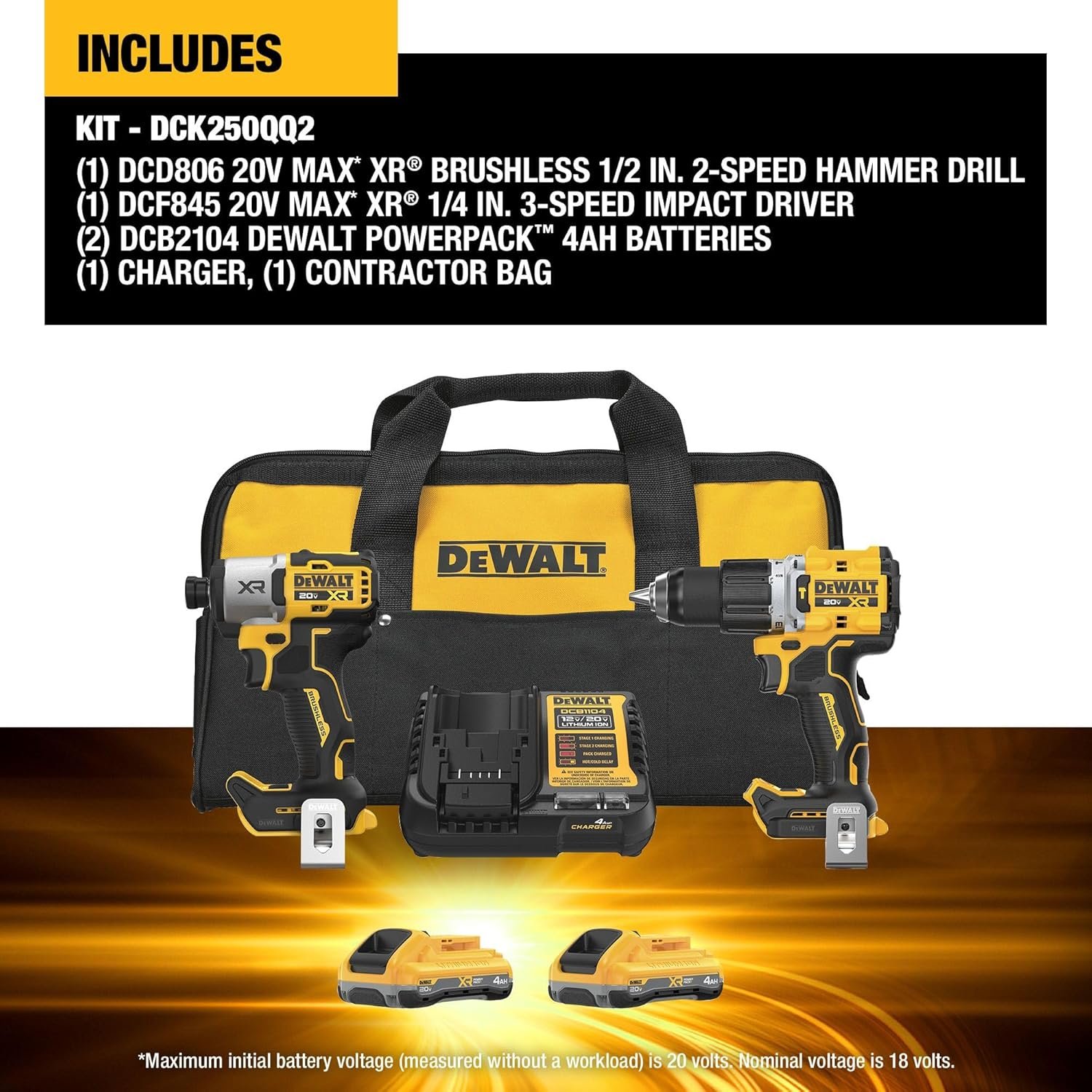 DEWALT 20V MAX XR Impact Driver and Hammer Drill Cordless Power Tool Combo Kit, Includes 2x 4ah POWERPACK Batteries and a Charger (DCK250QQ2) - Image 7