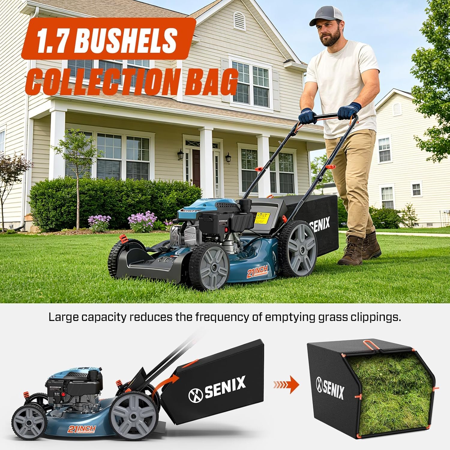 SENIX 21'' Self-Propelled Gas Lawn Mower, 170 cc 4-Cycle Engine 3.8 HP, 3-in-1 (Bagging/Mulching/Side Discharge), 6-Position Cutting Height Adjustment, 1.7 Bushels Grass Bag - Image 3