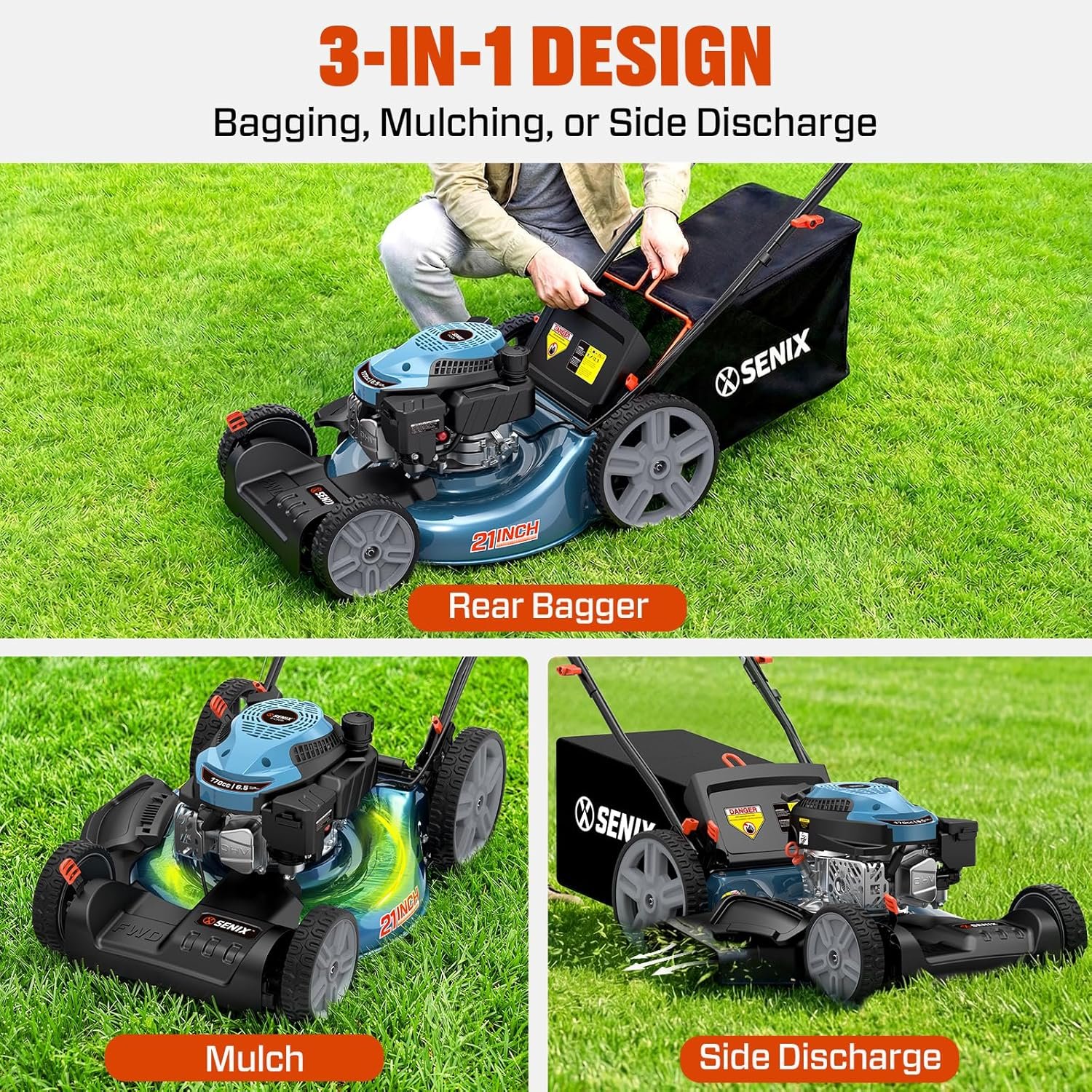 SENIX 21'' Self-Propelled Gas Lawn Mower, 170 cc 4-Cycle Engine 3.8 HP, 3-in-1 (Bagging/Mulching/Side Discharge), 6-Position Cutting Height Adjustment, 1.7 Bushels Grass Bag - Image 4